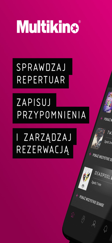 Multikino VUE mobile app showing movie repertoire and booking options