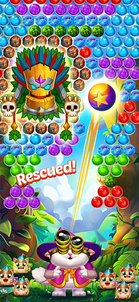 Bubble Island - Bubble Shooter - Colorato gameplay di bubble shooter con un personaggio gatto mago e una maschera tiki