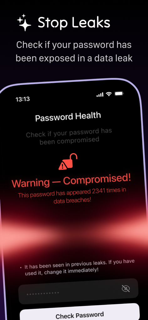 AI Security: ThreatBlocker VPN - Interface of AI Security app showing a compromised password warning after a data leak scan