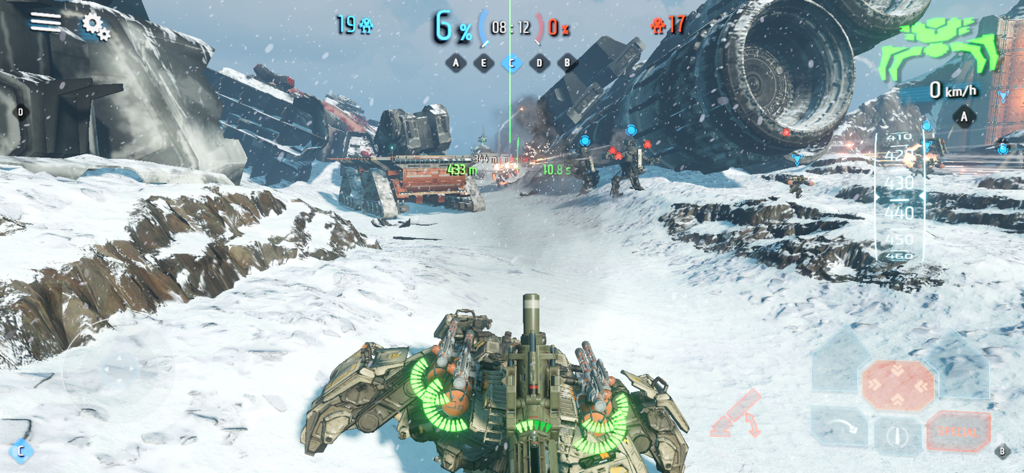 B.o.T - Third person view of a mechanical titan in a snowy mountain battlefield in Battle of Titans