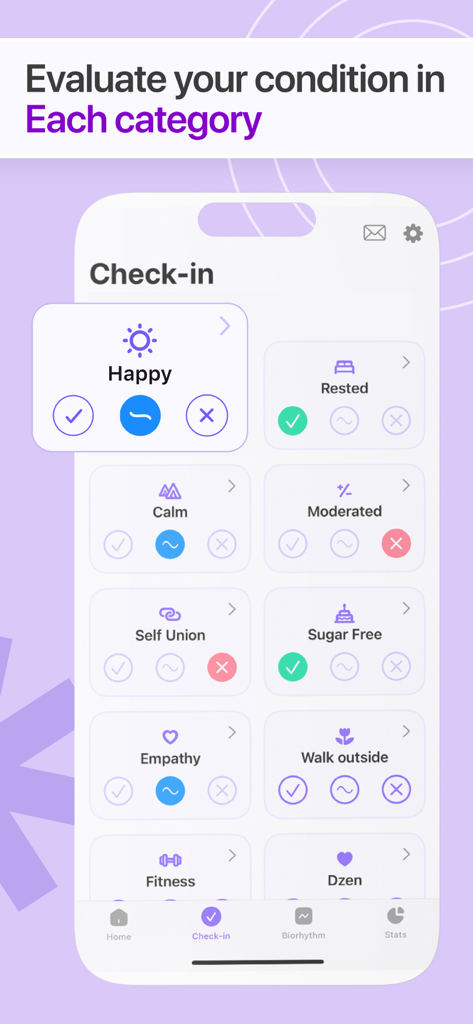 Emotion: Stress Anxiety Relief - Pantalla de registro diario que muestra categorías de estado de ánimo y estilo de vida en la aplicación Emotion.