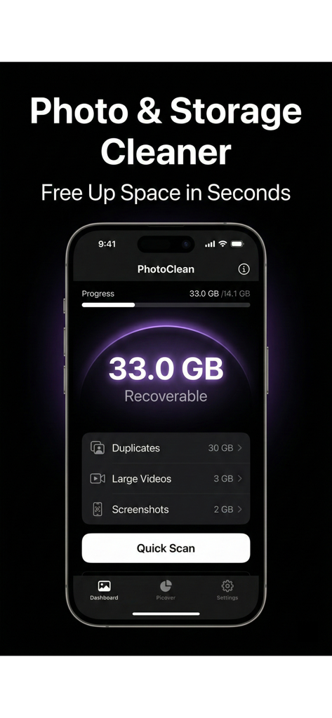 Photo Cleaner &Storage Cleaner - Panel de PhotoClean mostrando treinta y tres gigabytes de espacio recuperable categorizado por duplicados, videos grandes y capturas de pantalla.