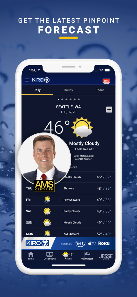 KIRO 7 News App- Seattle Area - KIRO 7 News App weather interface showing the Seattle forecast and local meteorologist