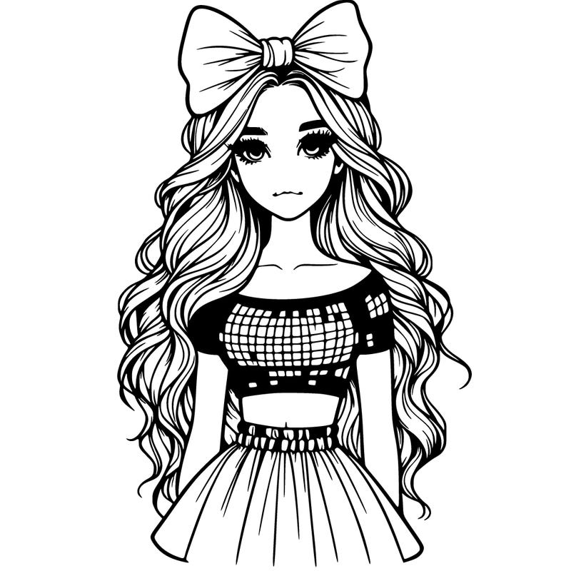 realistic girl with a big bow and long hair, crop top with a skirt