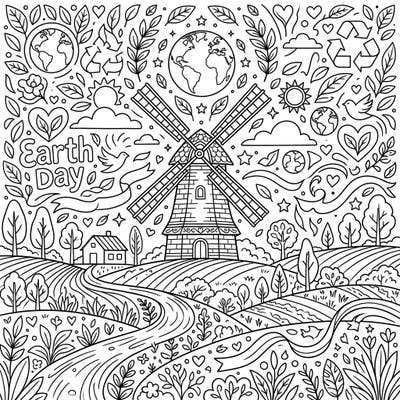 Embrace the spirit of Earth Day with this delightful coloring page featuring a classic rural windmill nestled in a vibrant, eco-conscious landscape. This intricate design is packed with environmental symbols, inviting you to color and reflect on our planet's beauty.
