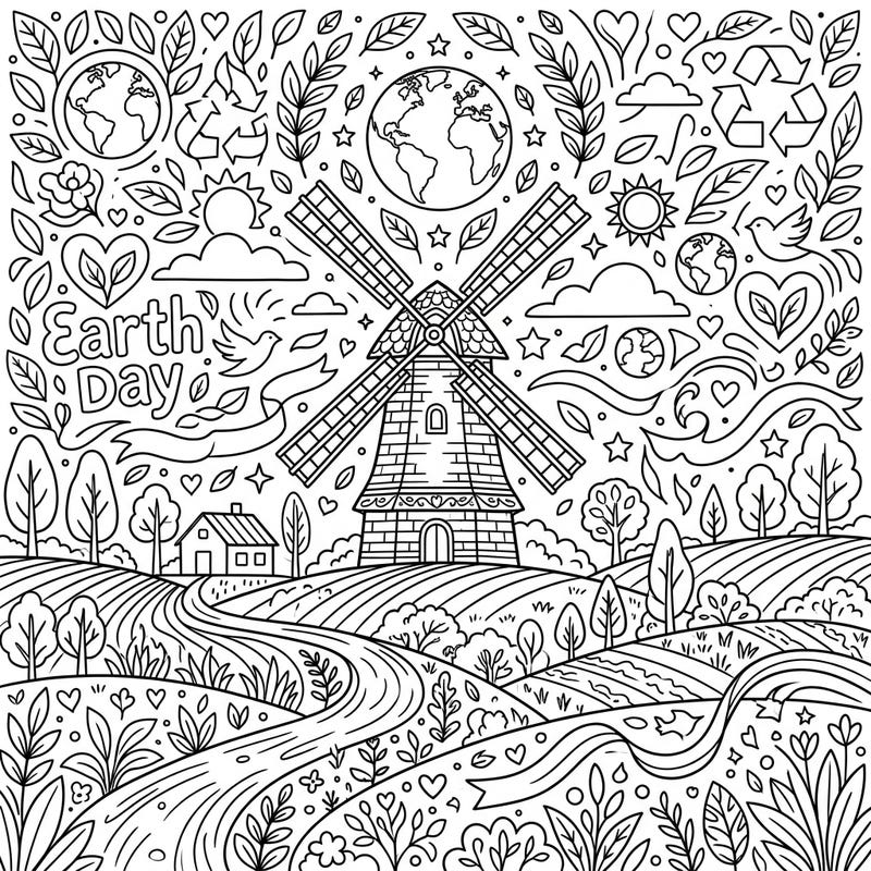 Embrace the spirit of Earth Day with this delightful coloring page featuring a classic rural windmill nestled in a vibrant, eco-conscious landscape. This intricate design is packed with environmental symbols, inviting you to color and reflect on our planet's beauty.