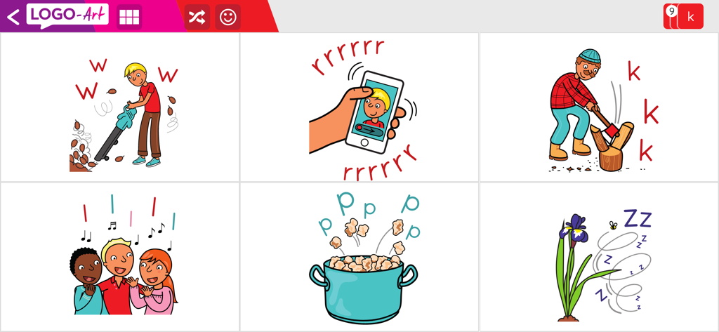 LOGO-Art Thuis - A grid of six cartoon illustrations representing different speech sounds for child therapy practice.