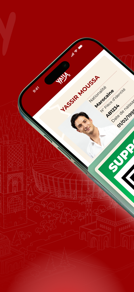 A smartphone screen displaying a digital Fan ID for Moroccan sports events within the YALLA app