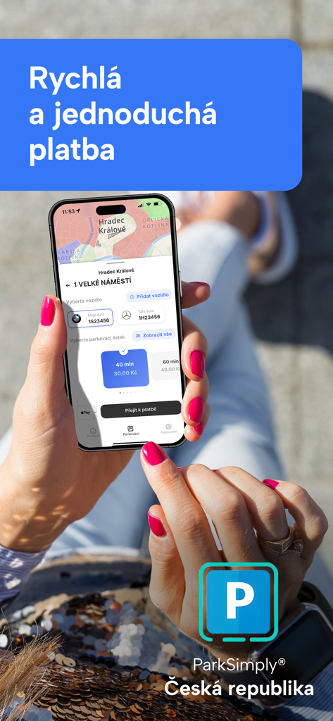 ParkSimply - A person holding a smartphone showing the ParkSimply app interface for quick parking payment in the Czech Republic.