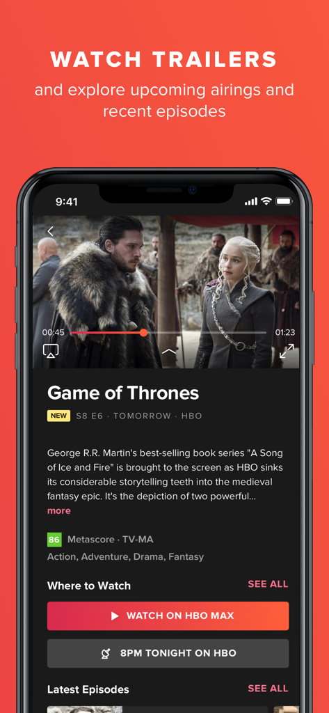 TV Guide: Streaming & Live TV - TVガイドアプリのインターフェースで、トレーラープレーヤーとHBO MaxでのストリーミングまたはライブTVでの視聴ボタンを備えたGame of Thronesの詳細を示しています。