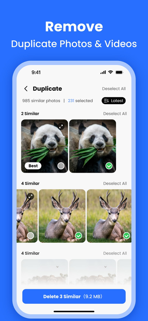 AI Cleaner 앱 인터페이스가 저장 공간 최적화를 위해 중복 및 유사 사진 감지 기능을 보여주는 모습