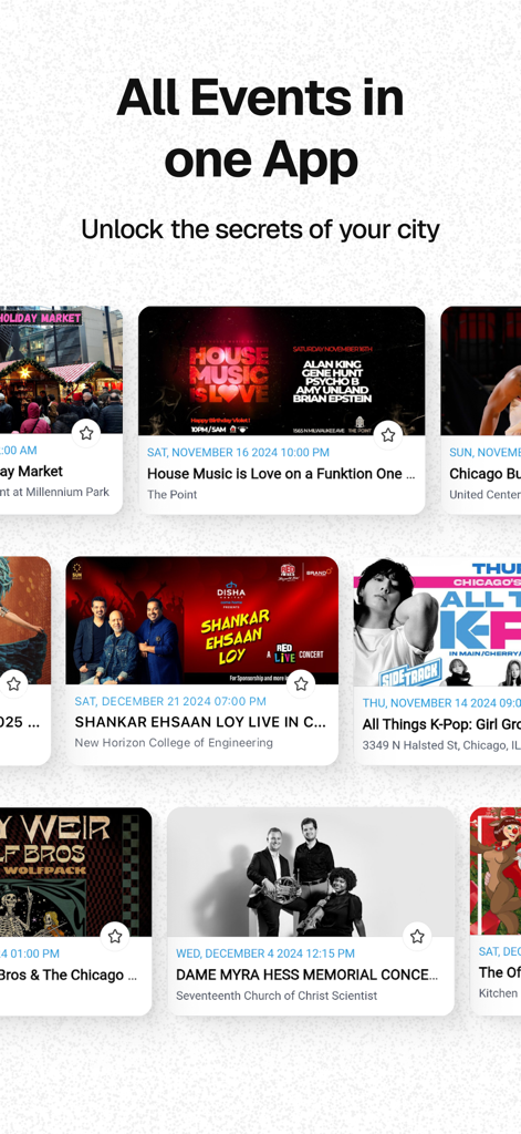 AllEvents app home screen displaying diverse local events like music concerts and holiday markets in one place