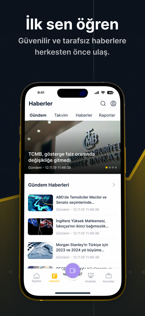 ForInvest: Piyasa Analizi - ForInvest mobile app interface showing a financial news feed with Turkish and international headlines