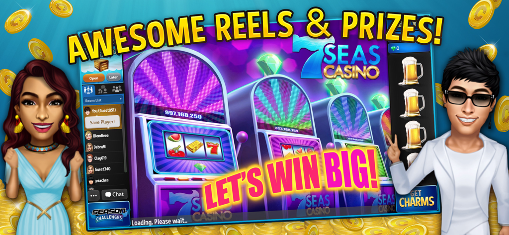 Dos avatares de pie junto a máquinas tragamonedas en el juego móvil 7 Seas Casino con el texto Awesome Reels and Prizes.
