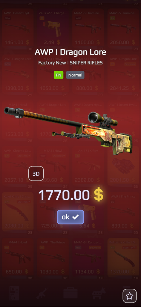 Vista previa en 3D de una skin rara de rifle de francotirador AWP Dragon Lore en la aplicación simuladora Case Royale