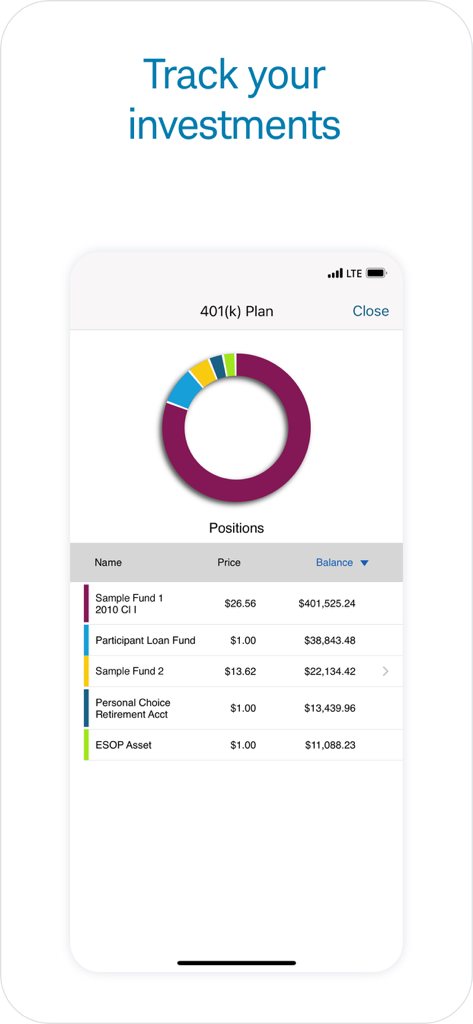 Schwab Workplace Retirement - Schwab Workplace Retirement app screen showing 401k plan asset allocation and investment positions