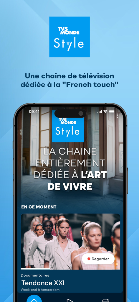 Style par TV5 Monde - Interface de l'application Style par TV5 Monde présentant des programmes sur le style de vie et la mode à la française