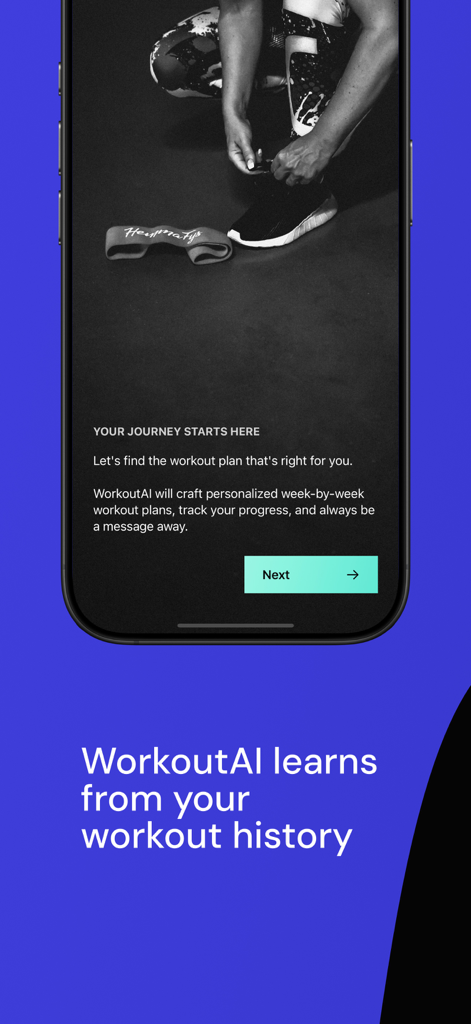 WorkoutAI onboarding screen showing a person tying their sneakers and an introduction to personalized workout plans.