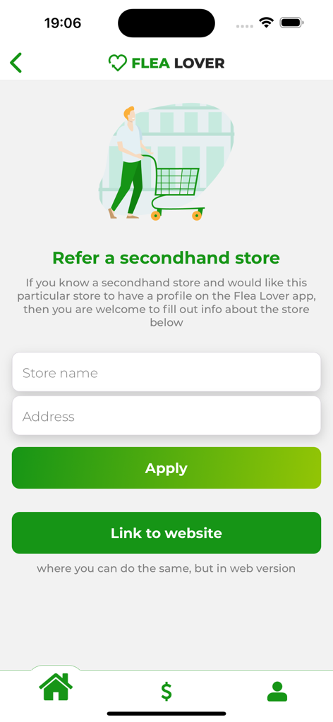 Flea Lover - Screen in the Flea Lover app for users to refer a secondhand store by providing its name and address.