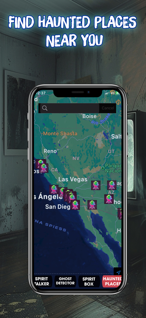 Spirit Whisper - Ghost Talker - A mobile map interface showing icons of haunted locations across the western United States