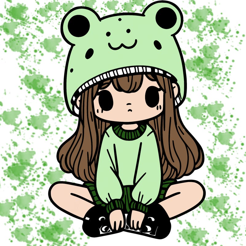 a girl wearing a frog hat and some frog socks