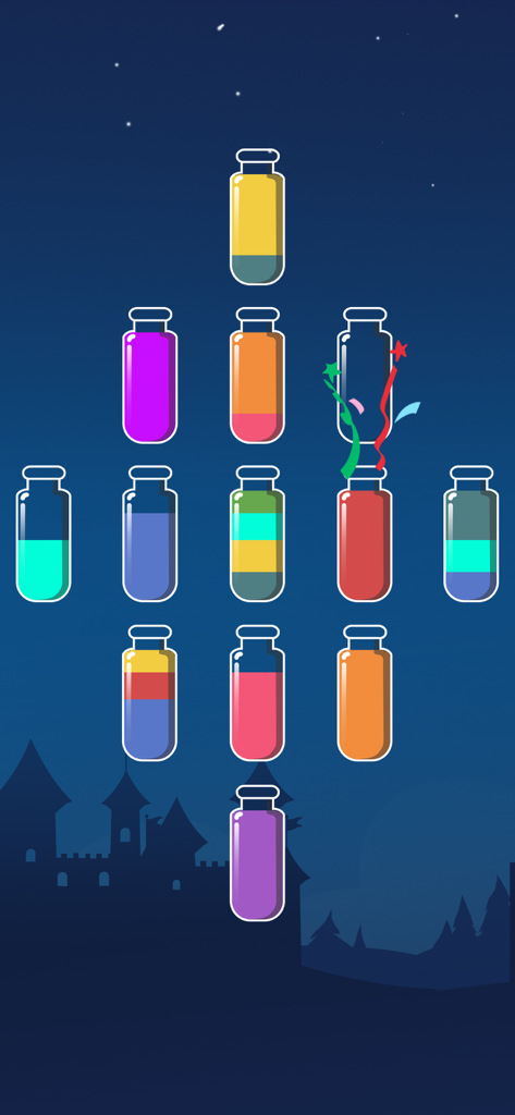 Water Sort Puzzle - 夜空の背景に層になった着色された液体で満たされた複数のガラス管を示すWater Sort Puzzleのパズルレベル