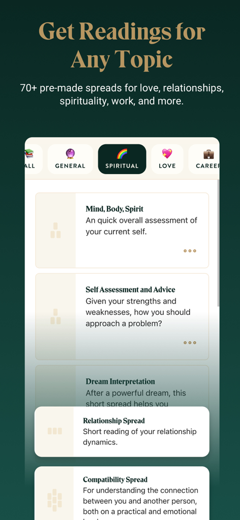 Labyrinthos app screen displaying various tarot spread categories including spiritual and love readings
