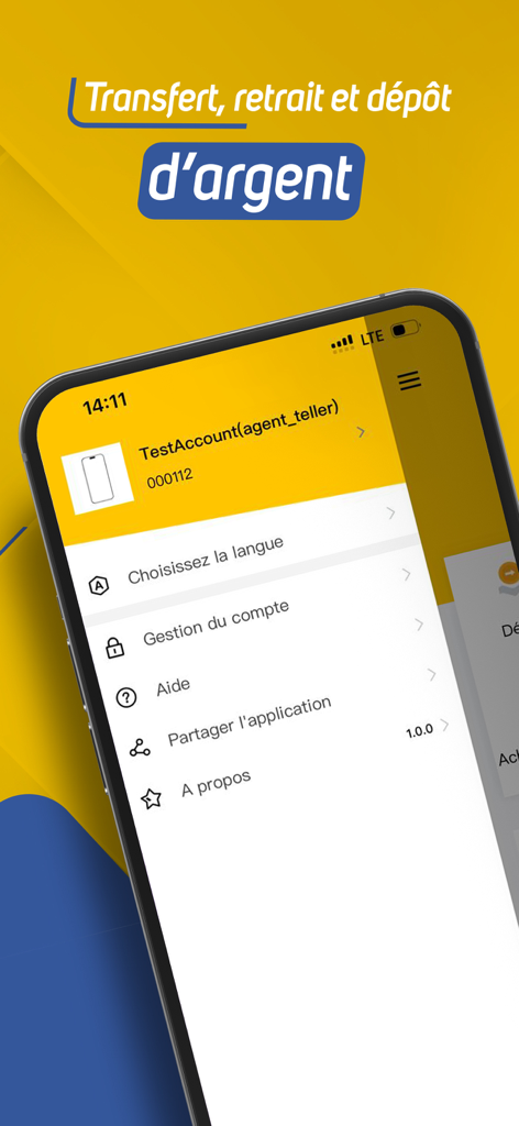 Moov Money Agent - Menu do aplicativo Moov Money Agent mostrando opções para transferências, depósitos e gerenciamento de conta em francês