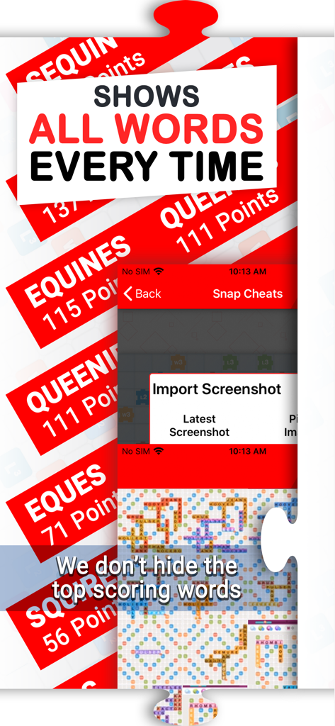 Snap Cheats for Words Friends - Snap Cheats app displaying top scoring words and screenshot import option for Words with Friends