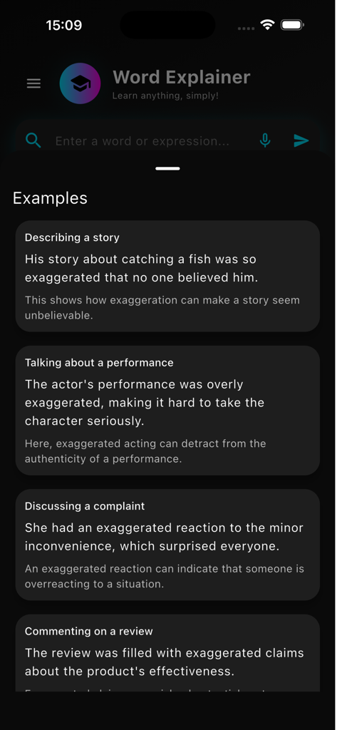Word Explainer - Word Explainer app interface showing multiple contextual sentence examples for a word