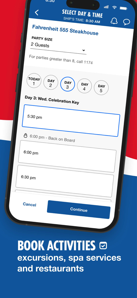 Carnival HUB app screen for booking a restaurant reservation on a cruise ship