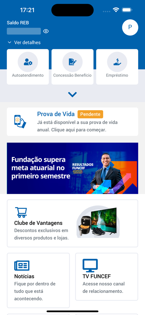 FUNCEF mobile app dashboard featuring account balance and pension services