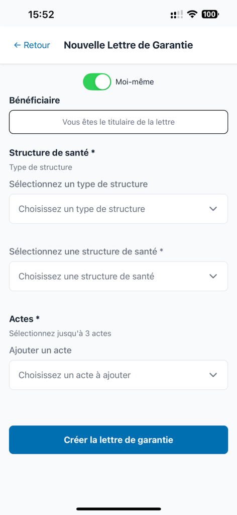 Mobile app interface for requesting a new health insurance guarantee letter on My Transvie.