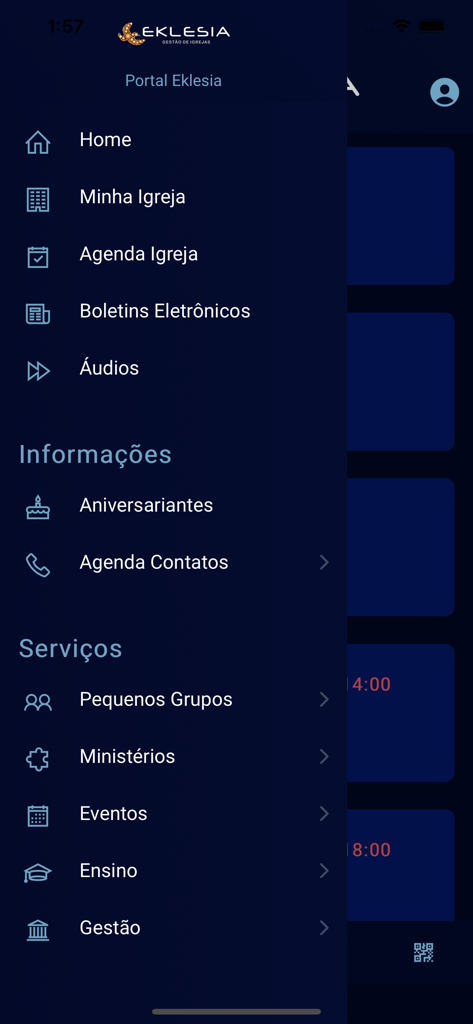 Portal Eklesia - Sidebar menu of the Portal Eklesia app showing church management features and navigation options