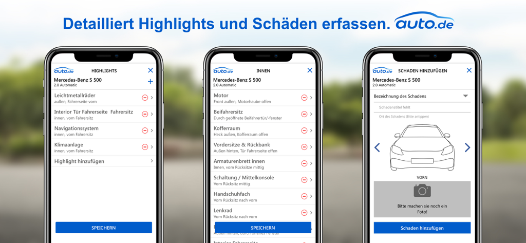 auto.de Händler App - Three smartphone screens from the auto.de app showing vehicle highlights interior checklists and damage reporting tools