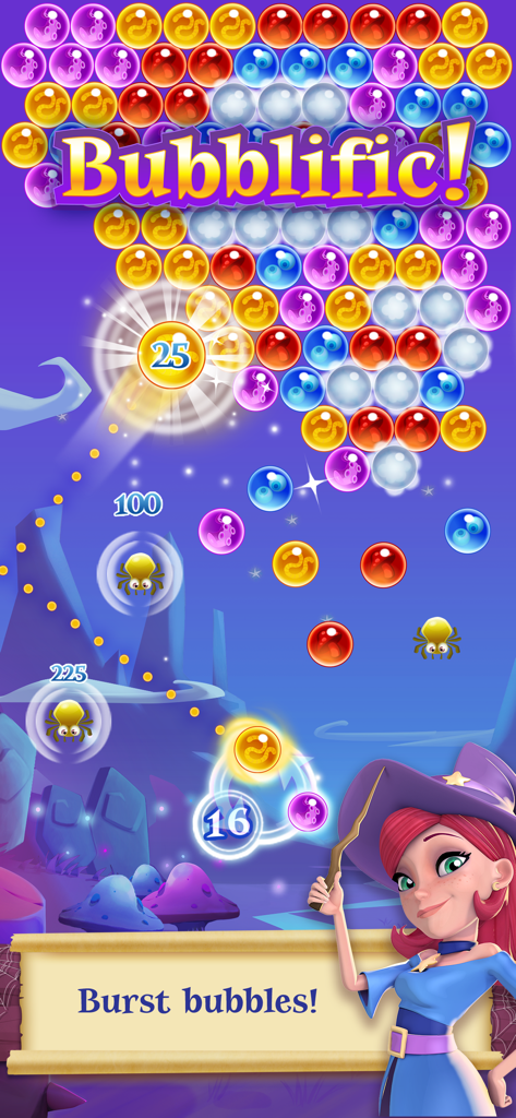 Stella the witch holding a wand in Bubble Witch 2 Saga gameplay with colorful bubbles and the text Bubblific.