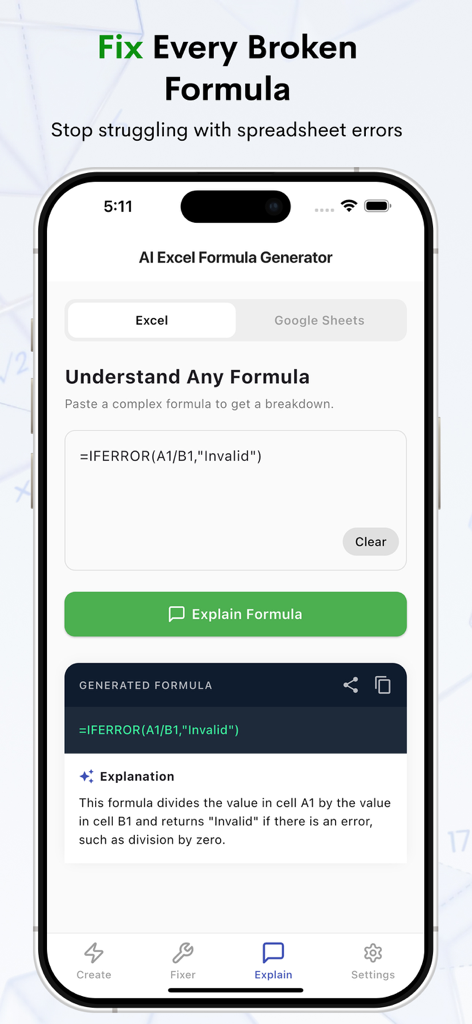 AI Excel Formula Generator - AI Excel Formula Generator app interface showing an explanation of a spreadsheet formula