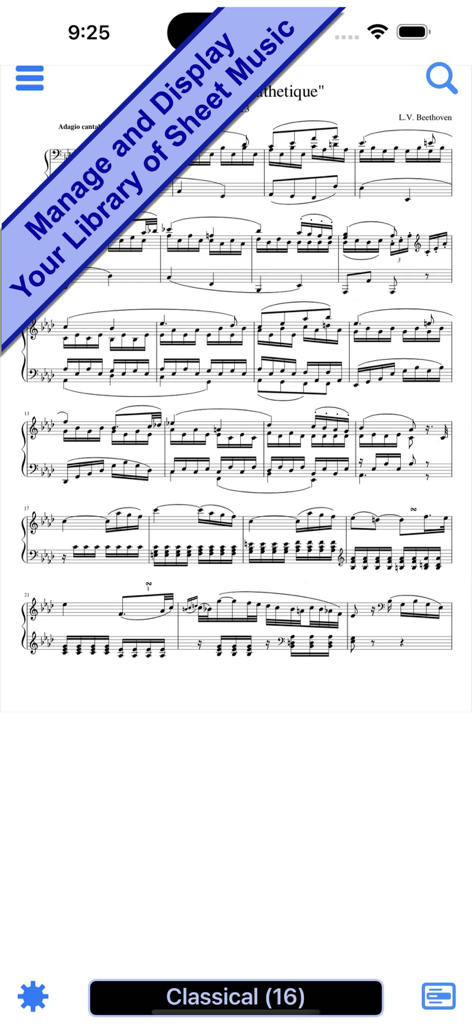 Sheet Show - Una captura de pantalla de la aplicación Sheet Show mostrando una página de partitura digital de Beethoven Pathetique en un dispositivo móvil.