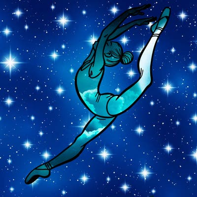 gymnast doing a leap in a leotard with a bent back leg