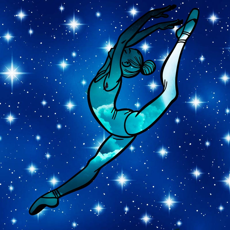 gymnast doing a leap in a leotard with a bent back leg