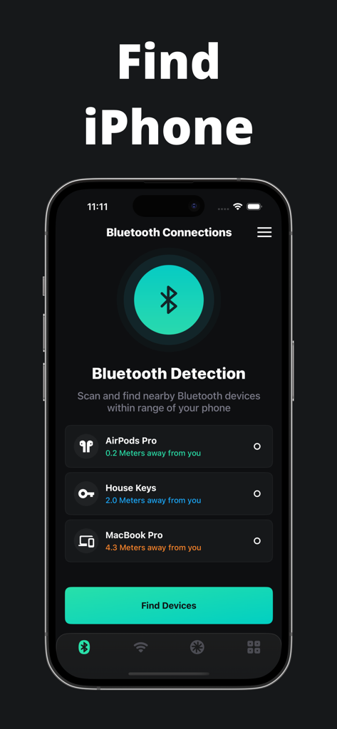 Find: My Phone + Devices Air - A smartphone screen displaying the Bluetooth detection feature of the Find My Phone app with a list of nearby devices and their distances.