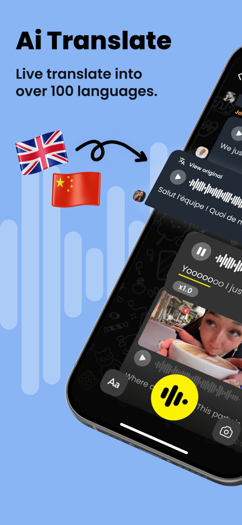 Screenshot of Vocalz app showing AI translation feature for voice messages in multiple languages.
