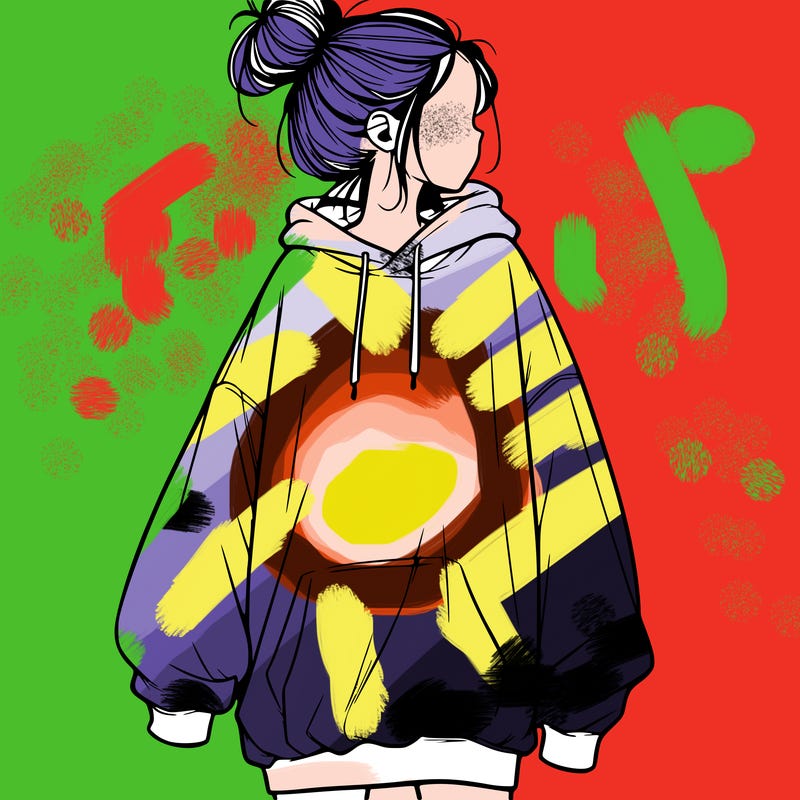 realistic girl with a oversized sweatshirt on and a bun