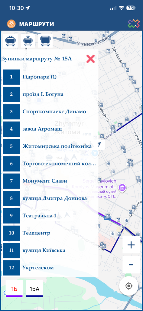 DozoR City - DozoR City mobile app showing a list of bus stops for a specific route on a city map interface