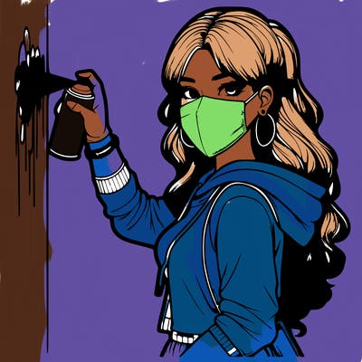 realistic girl with mask spray painting a wall