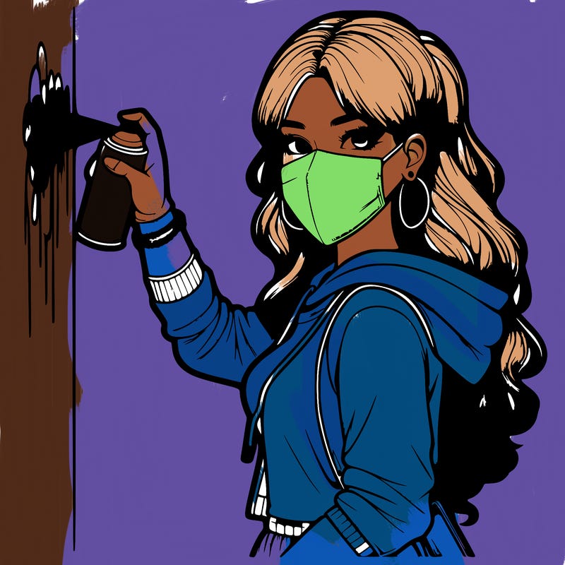 realistic girl with mask spray painting a wall