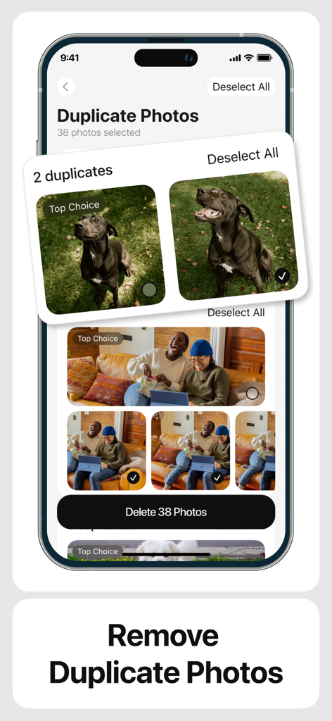 Captura de tela da interface do aplicativo Sweeply mostrando o recurso de identificação e remoção de fotos duplicadas em um iPhone