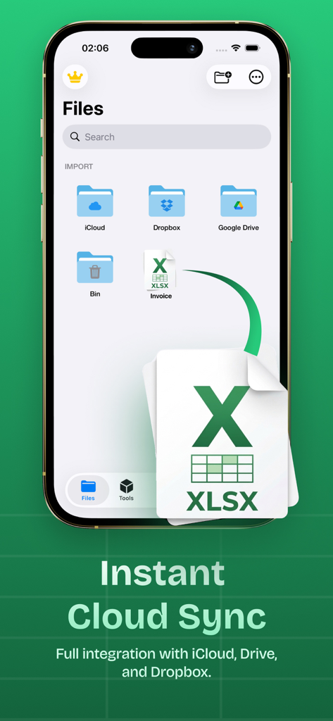 XLSX Editor: Edit Spreadsheets - Interface of the XLSX Editor app showing cloud synchronization with iCloud, Dropbox, and Google Drive.