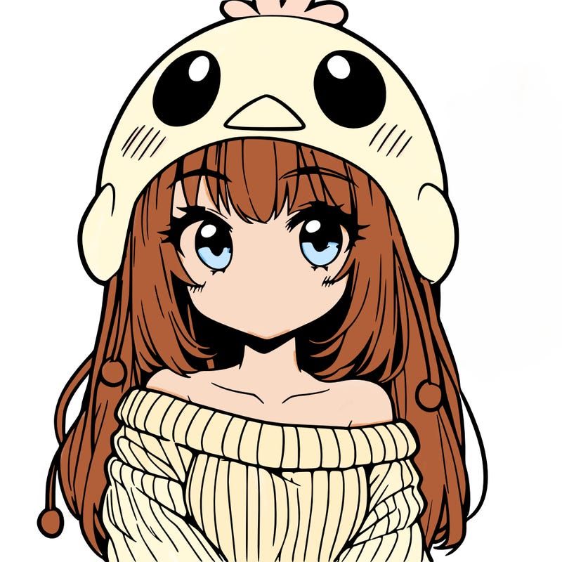 anime girl with chick shaped hat with sweater with bare shoulders with bangs covering them one eye with low tail