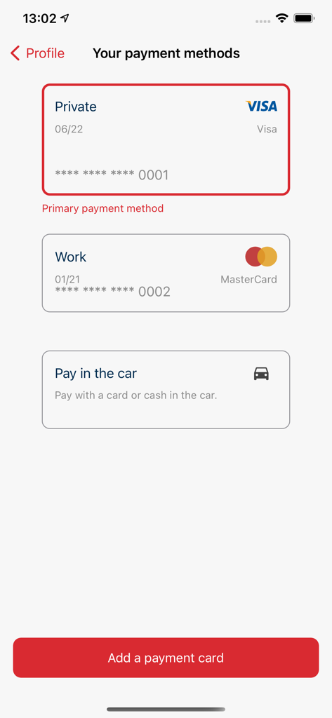 07000 Taxi - Interfaccia utente per la gestione delle carte di pagamento private e aziendali nell'app mobile 07000 Taxi